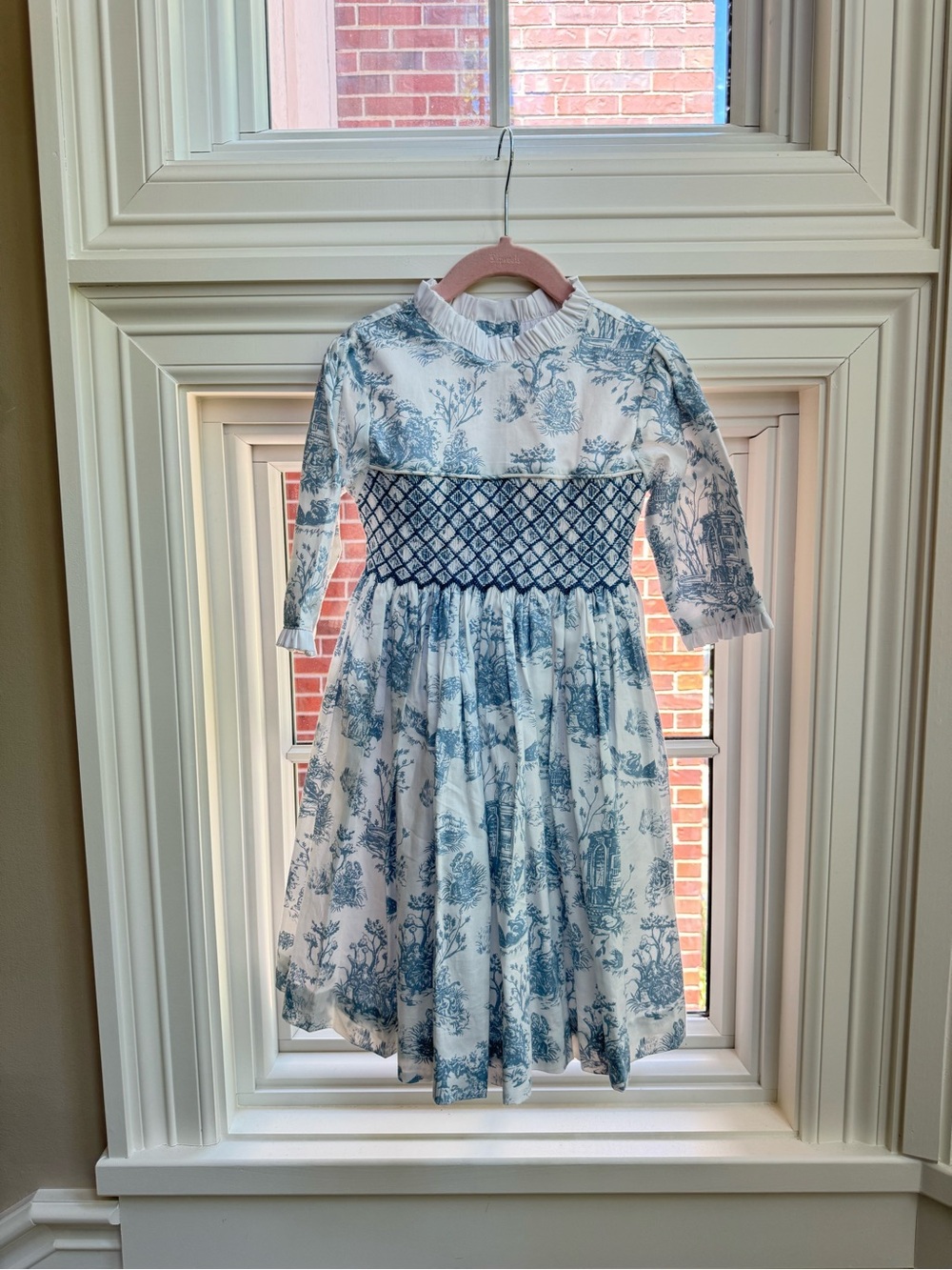 Blue and White Toile Smocked Waist Formal Girl's Dress